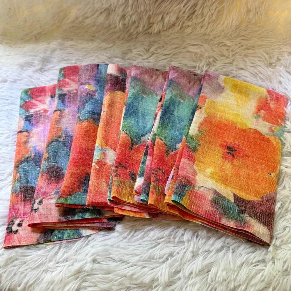 MODE LIVING 7 Piece Watercolor‎ Floral Printed Napkins Linen Cotton